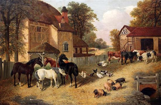 John Frederick Herring Jnr (1815-1907) Farmyard scene with horses, cattle, pigs and poultry, 20 x 30in.